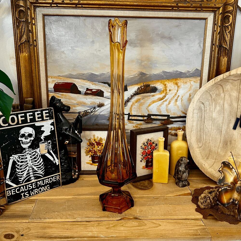 Vintage Viking Glass 23-1/2" Amber Swung Glass Vase – XL Mid-Century Modern Hexa